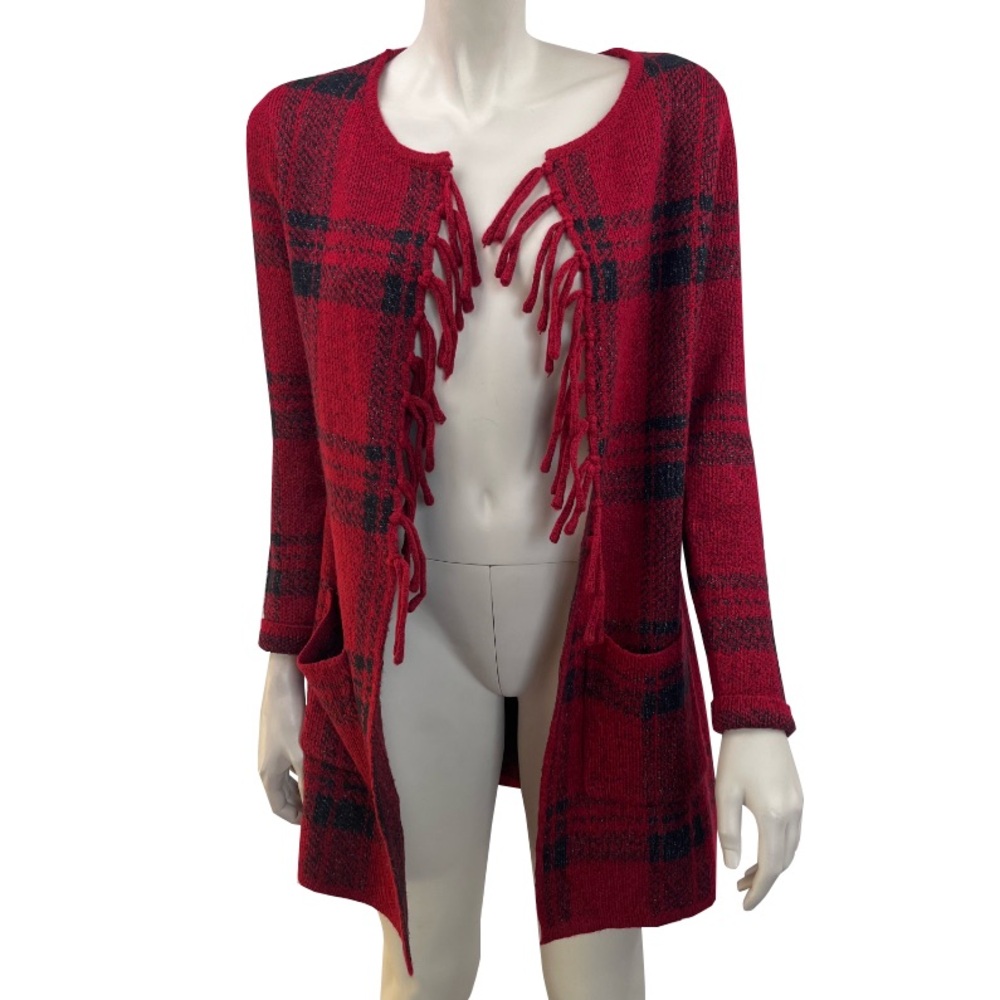 Adrienne Vittadini Red‎ & Black Buffalo Plaid Fringed Open Cardigan